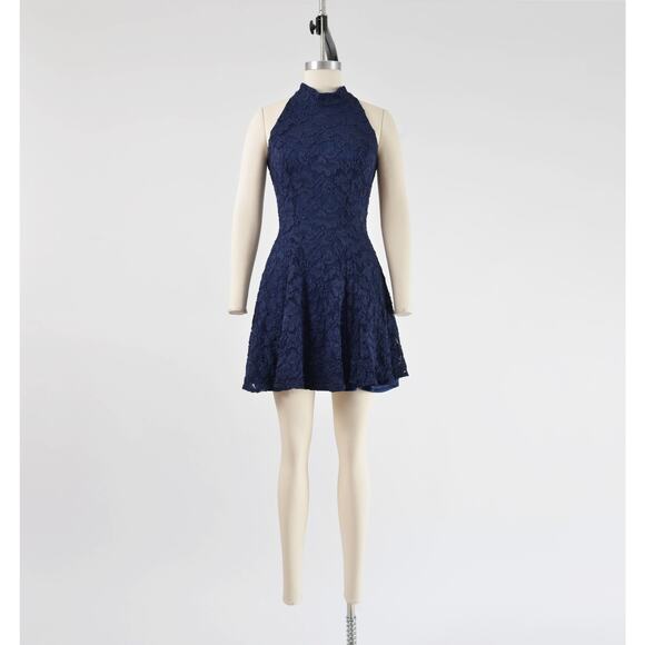 Vintage 90s Navy Lace Skater Dress Open Back Sleeveless Fit and Flare Mini XS - Picture 3 of 8